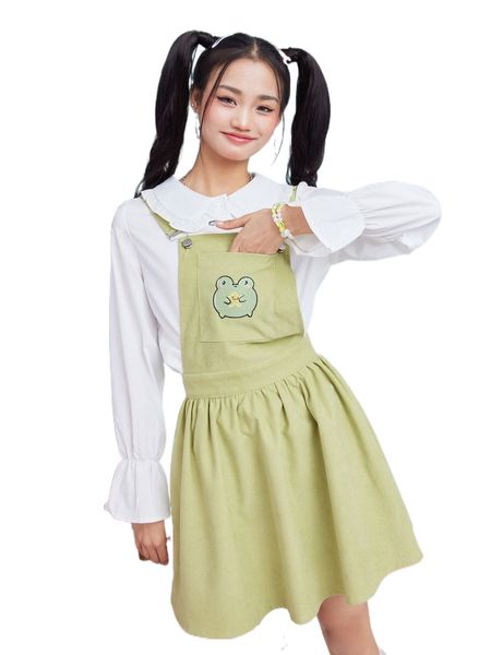 

romwe anime frog embroidery overall dress 80sq#, Black;gray