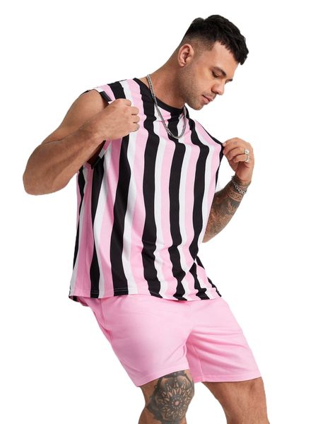 

extended sizes men colorful striped tank & shorts m5m8#, Gray