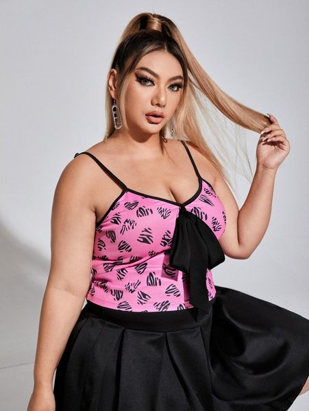 

plus graphic print bow front contrast binding crop cami u4lj#, Black