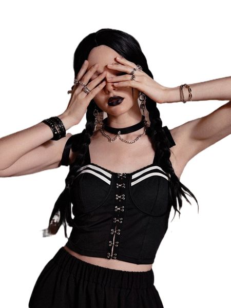 

romwe dark academia striped hook and eye tie shoulder cami a1sn#, White