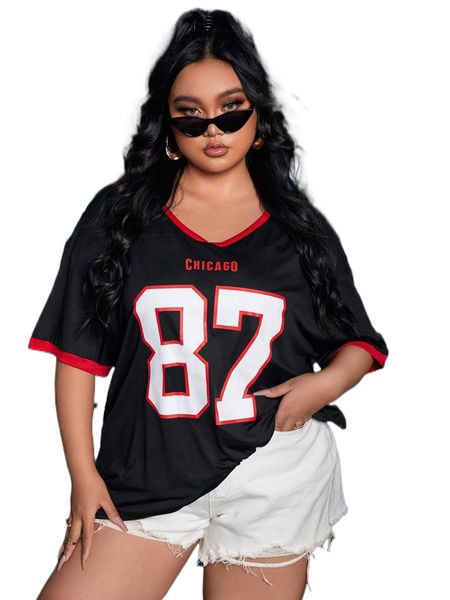 

plus letter graphic contrast trim drop shoulder tee j9bd#, Black