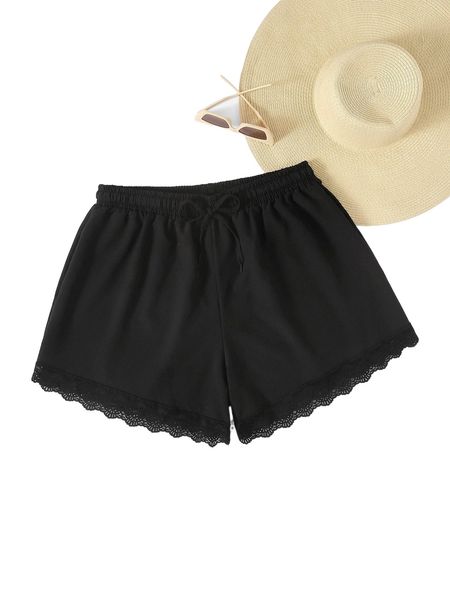 

plus tie waist contrast lace cover up shorts c8vu#, Black