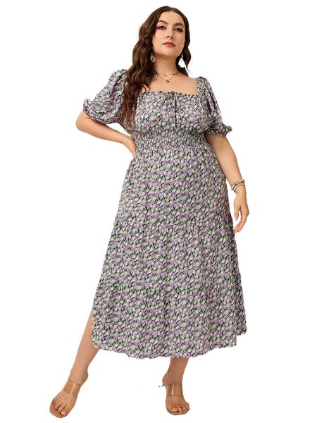 

plus ditsy floral print tie front shirred puff sleeve dress s112#, Black