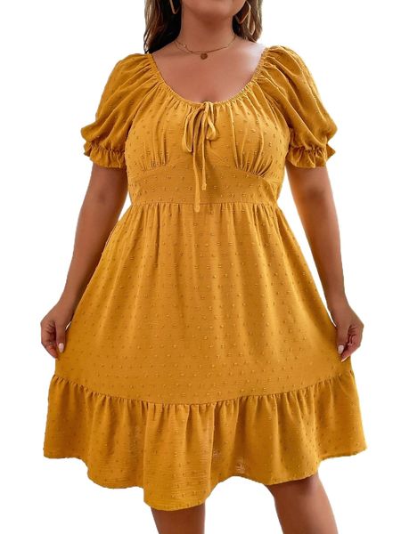 

plus swiss dot puff sleeve tie front ruffle hem dress k4k1#, Black