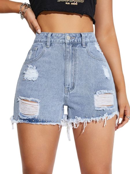 

ripped raw hem denim shorts b91q#, White;black