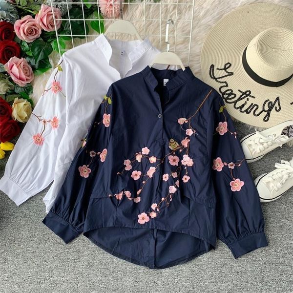 

women new summer fashion shirt female korean version flower embroidery pullover vneck asymmetrical lantern sleeve cotton shirt t200321, White