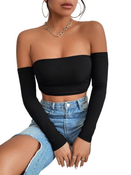 

petite solid off shoulder crop u6eg#, White
