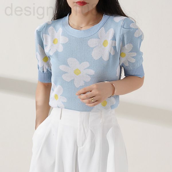 

women's knits & tees designer []round neck ice silk short sleeve bubble small daisy summer new french casual knitted women jr7u, White