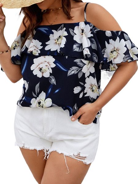 

plus floral print cold shoulder ruffle trim blouse r1cw#, Black