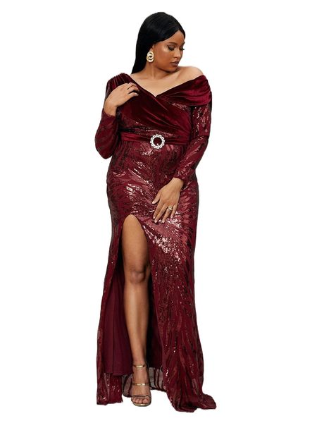 

seomiscky plus asymmetrical neck split thigh draped backless sequins prom dress 74gi#, Black
