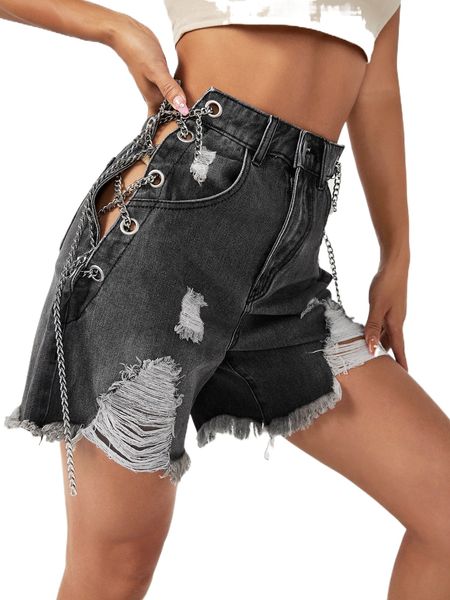 

chain lace up side raw hem denim shorts y3pg#, White;black