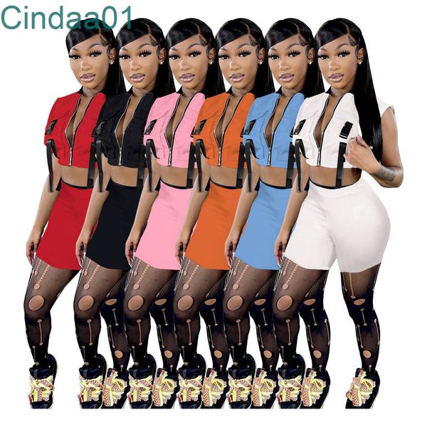 

women casual tracksuits fashion sleeveless zipper jacket double pocket 2 piece shorts outfit 2022 summer sportwear, Gray