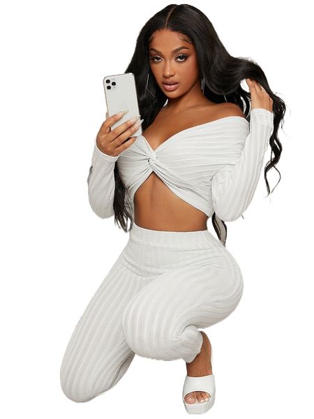 

sxy twist front crop & leggings set f2i2#, White