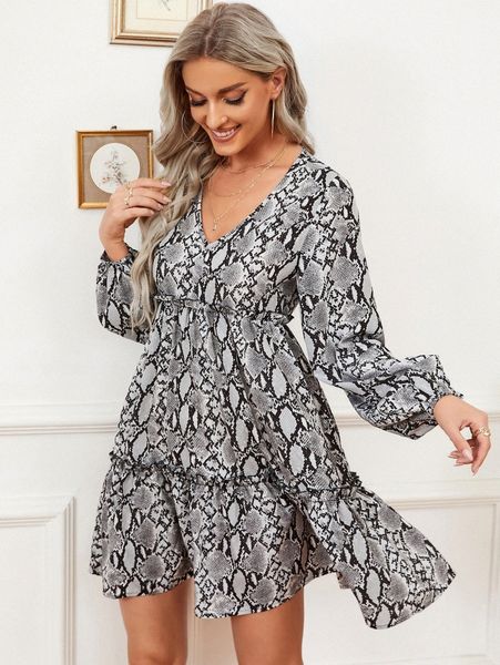 

snakeskin print frill trim lantern sleeve dress v1ig#, Black;gray