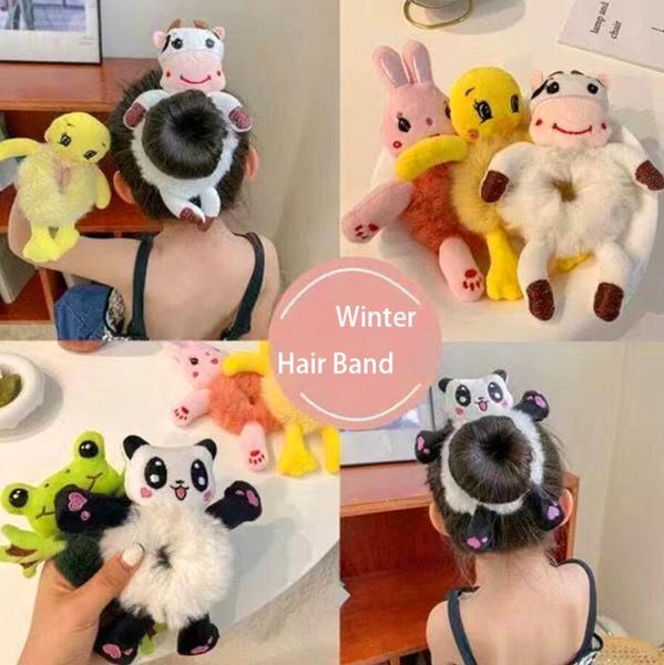 

cute kawaii women elastic hair rubber head accessories cartoon plush frog rabbit cat stuffed animal scrunchie girl hair band, Slivery;white