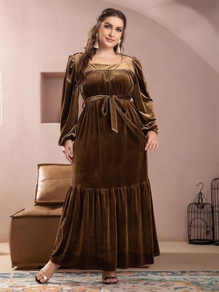 

plus square neck lantern sleeve belted velvet dress y5ic#, Black