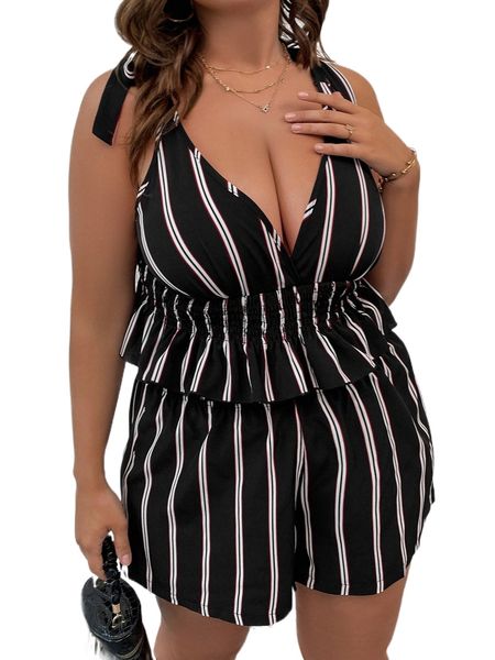 

plus vertical striped shirred waist & shorts p7kr#, Black