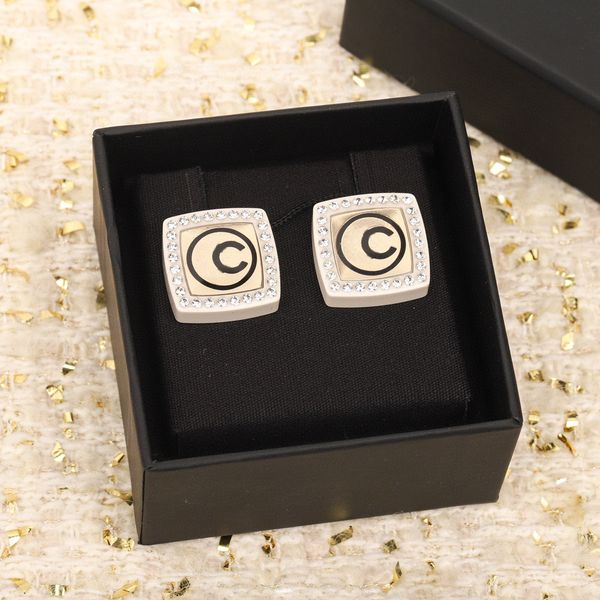 

2022 charm square shape stud earring with diamond and black color design for women wedding jewelry gift have box stamp ps4150a, Golden