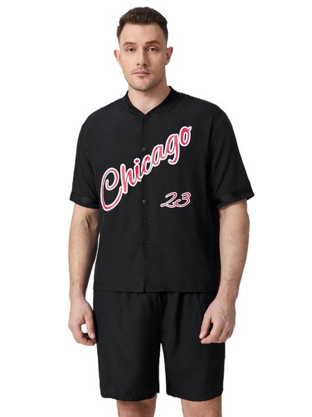 

men letter graphic baseball collar shirt & shorts 30as#, Gray