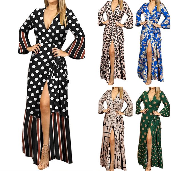 

women dress long sleeve leopard print maxi elegant flared deep v neck high split bandage party, Black;gray