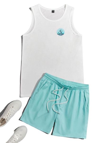 

men letter & palm tree print tank & drawstring waist shorts q4d3#, Gray