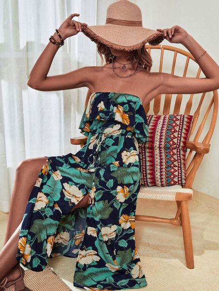 

tropical print ruffle trim split thigh drawstring waist tube dress u9h4#, Black;gray