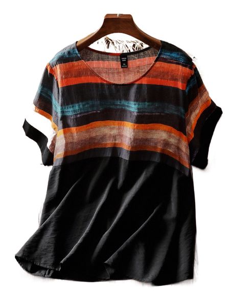 

plus striped round neck blouse h3sw#, Black