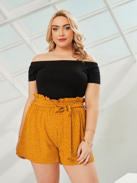 

plus off shoulder & polka dot belted shorts t8mg#, Black
