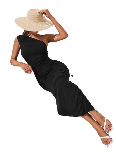 

tall one shoulder ruched side dress 334s#, Black;gray