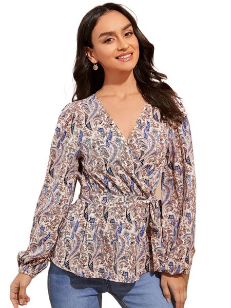 

surplice neck allover print peplum r5wf#, White