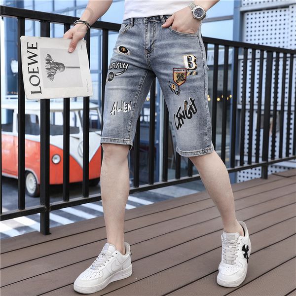 

men's jeans designer fashion brand denim shorts men's personalized alphabet print korean summer slim fit washed elastic casual pan, Blue