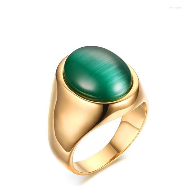 Cluster Rings Green Emerald Gemstones Opal For Men 18k Gold Color Titanium Steel inoxidável Diamond Party Jewelry Gifts Birthday Bijoux Kenn2