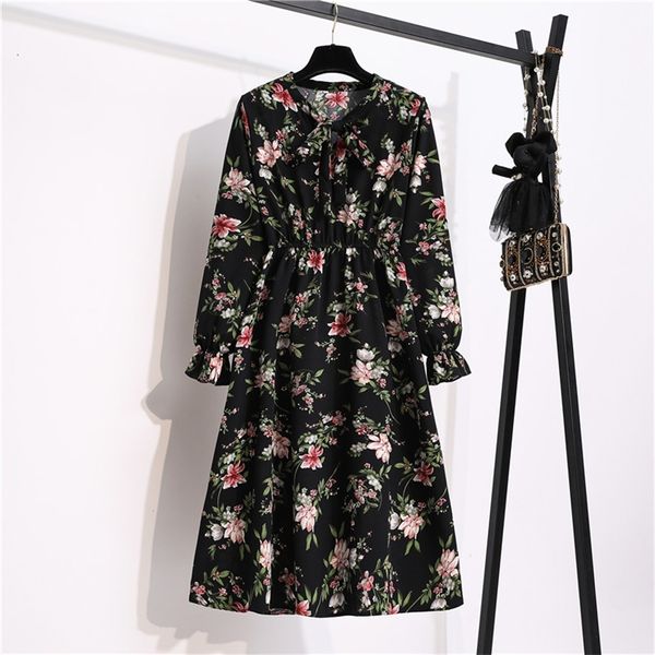 

korean chiffon spring summer dress women vintage floral printed v-neck elastic waist fashion beach midi sundress vestidos 220504, Black;gray