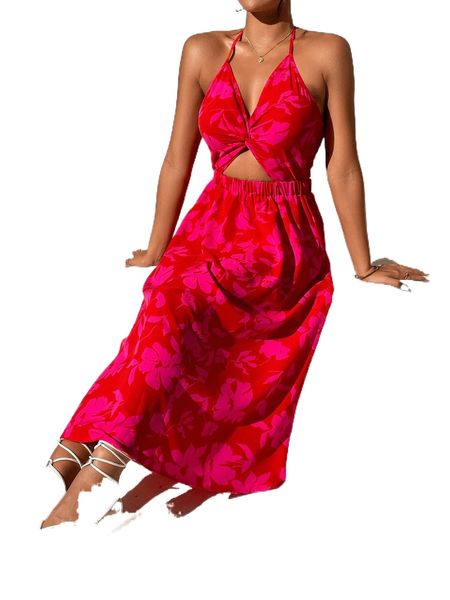 

allover floral print twist front halter dress i4w9#, Black;gray