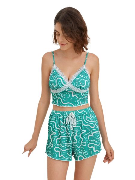 

allover print contrast lace tie waist pj set z17j#, Black;red