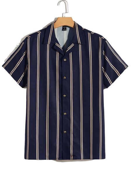 

men striped print button front shirt x8mm#, White;black