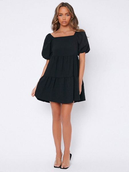 

petite puff sleeve smock dress d9ip#, Black;gray