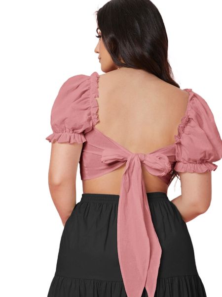 

plus tie backless puff sleeve 68md#, Black