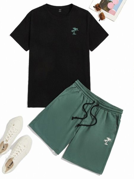 

men palm tree print tee & drawstring waist shorts x6fc#, Gray