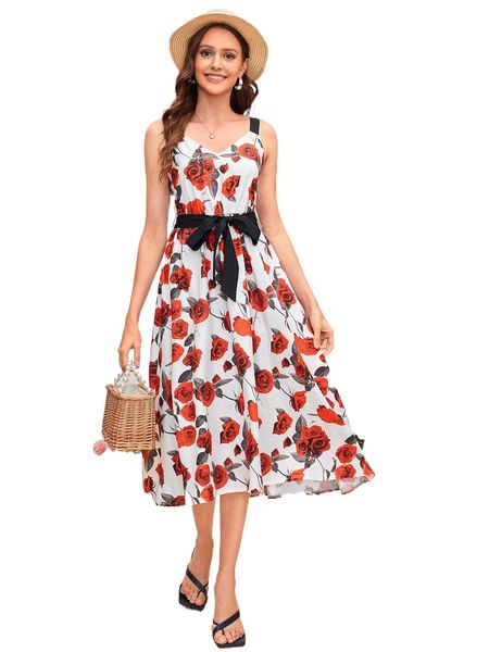 

1pc allover floral print belted cami dress 72oo#, Black;gray