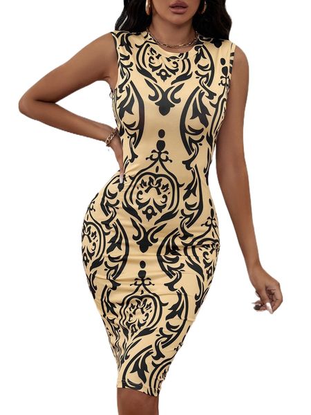 

sxy damask print sleeveless bodycon dress h6iu#, Black;gray