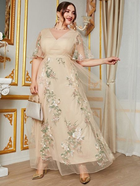 

plus floral embroidery mesh formal dress q4is#, Black