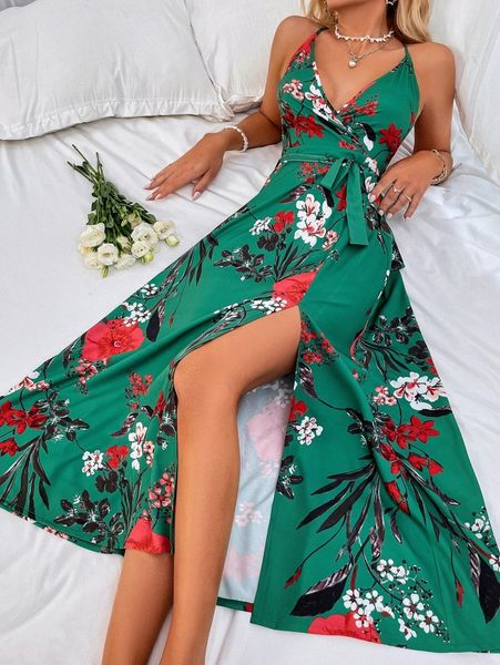 

floral print crisscross backless split thigh belted dress j0lt#, Black;gray
