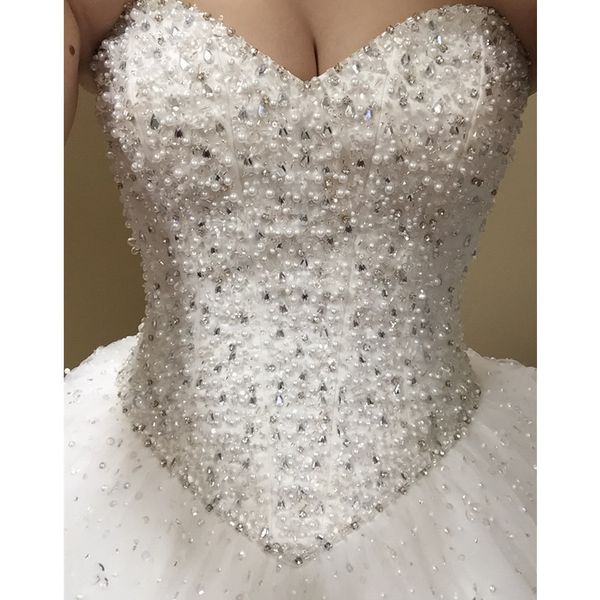 

new stock crystal strapless ball gown wedding dresses with beaded plus size bridal gowns, White