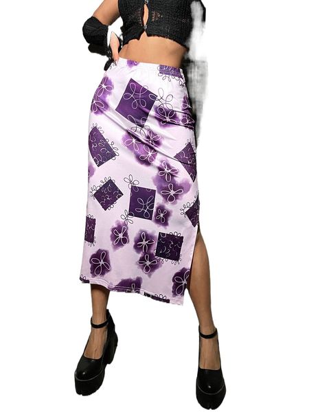 

floral print slit hem skirt x71j#, Black