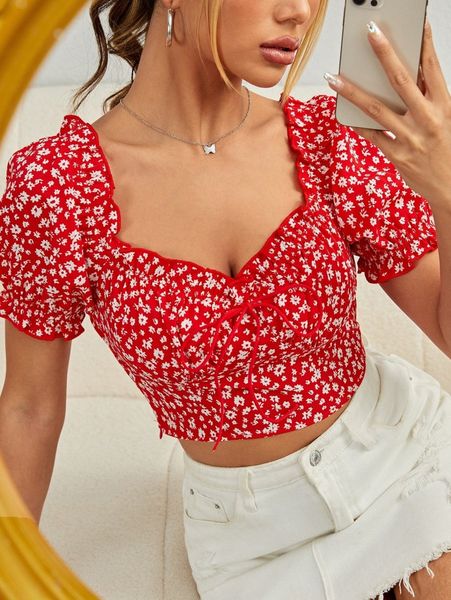 

ditsy floral puff sleeve ruched bust knot front crop blouse 12tf#, White