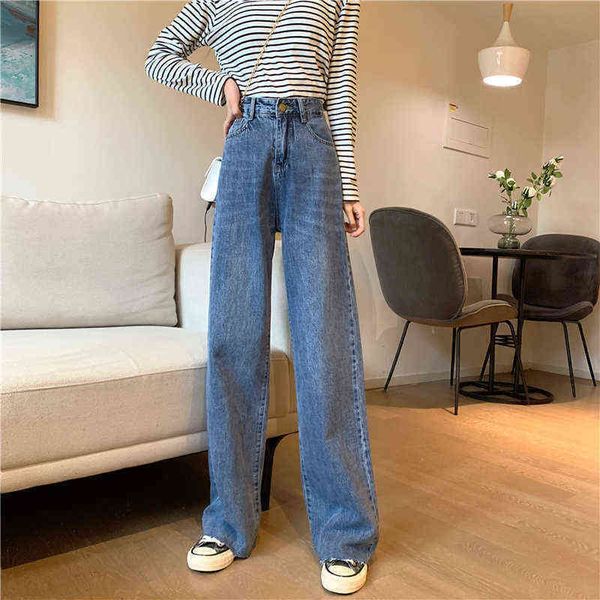 

cmaz 2022 woman jeans high waist wide leg loose female denim streetwear vintage fashion straight pants 221225, Blue