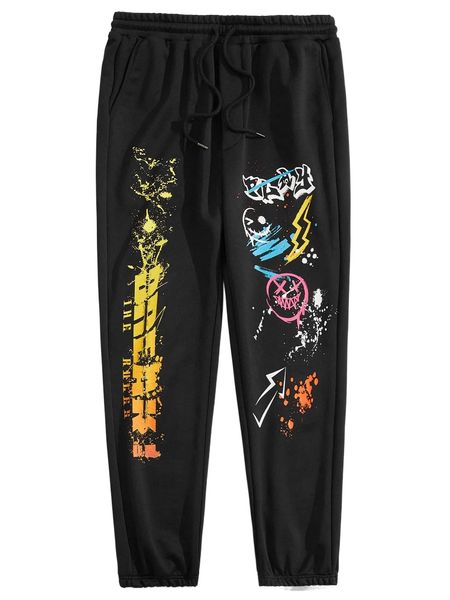 

men expression & letter graphic drawstring waist sweatpants p5te#, Black