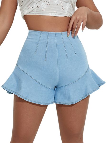 

ruffle hem light washed denim shorts e5c5#, White;black