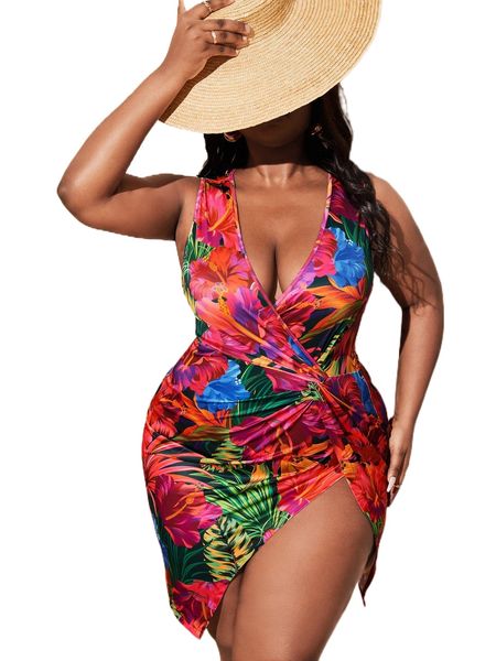 

sxy plus floral print twist front split thigh wrap dress n1wr#, Black